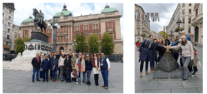 Two group photos of participants in Belgrade city centre
